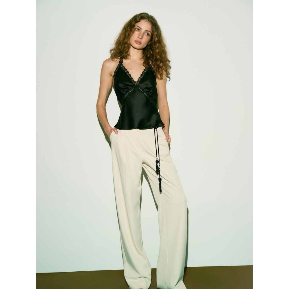 Reformation Black Monica Silk Top, Satin Lace-Trim Cami with Rust Accent